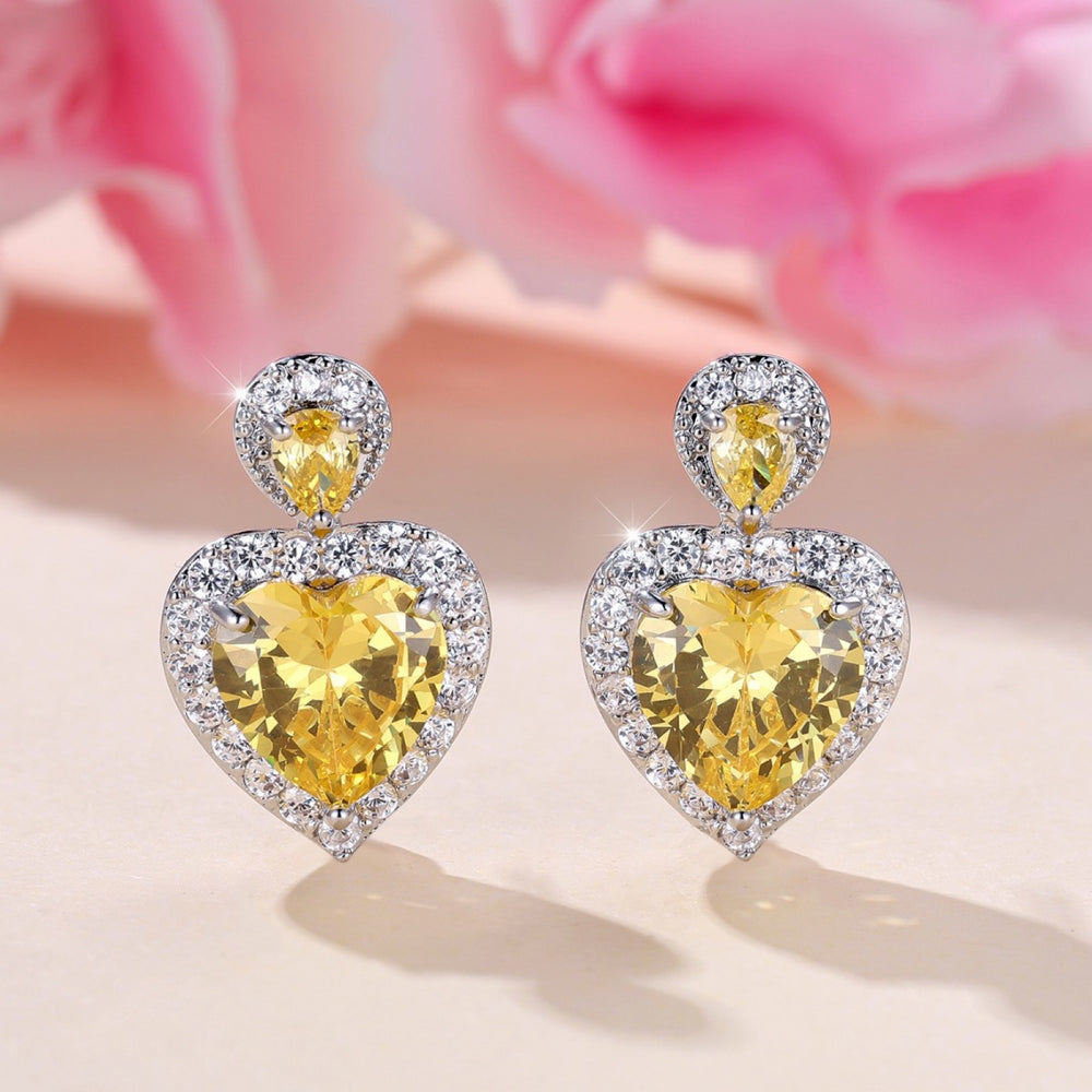 Silver-Tone Canary-Yellow Heart Crystal Halo Drop Earrings
