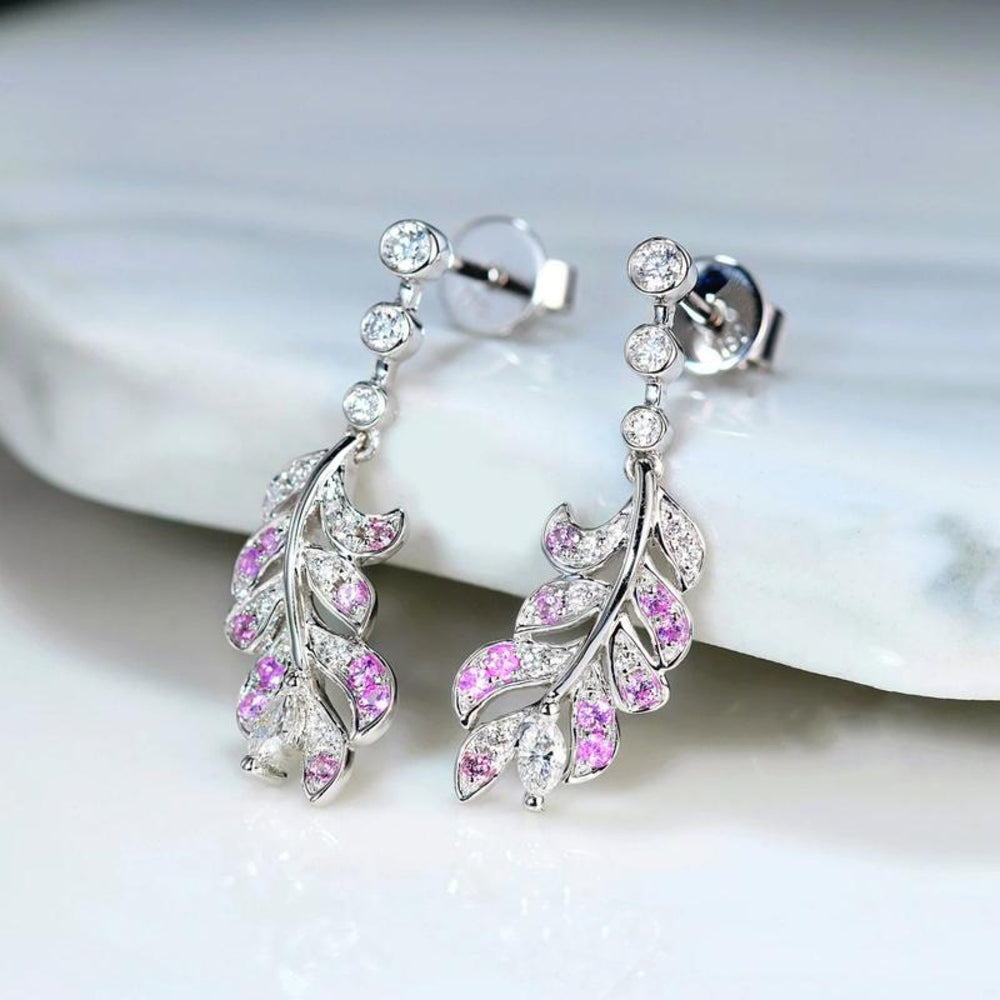 Silver-Tone Pink & White Crystal Asymmetric Leaf Drop Earrings