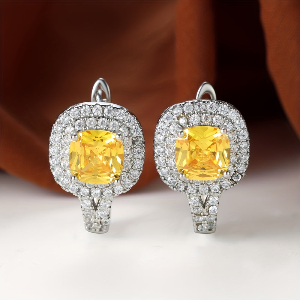 Silver-Tone Canary-Yellow Cushion Crystal Double Halo Huggie Earrings