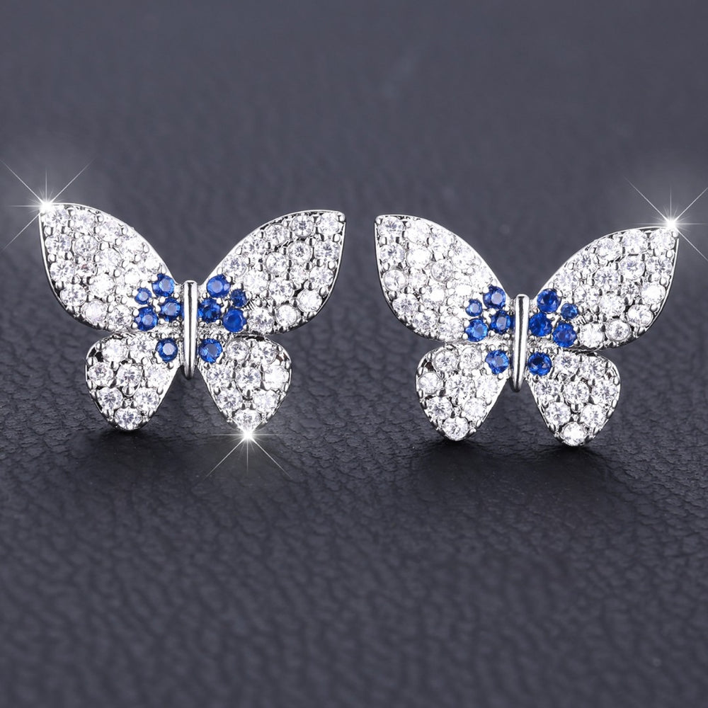 Silver-Tone White & Royal Blue Crystal Butterfly Stud Earrings