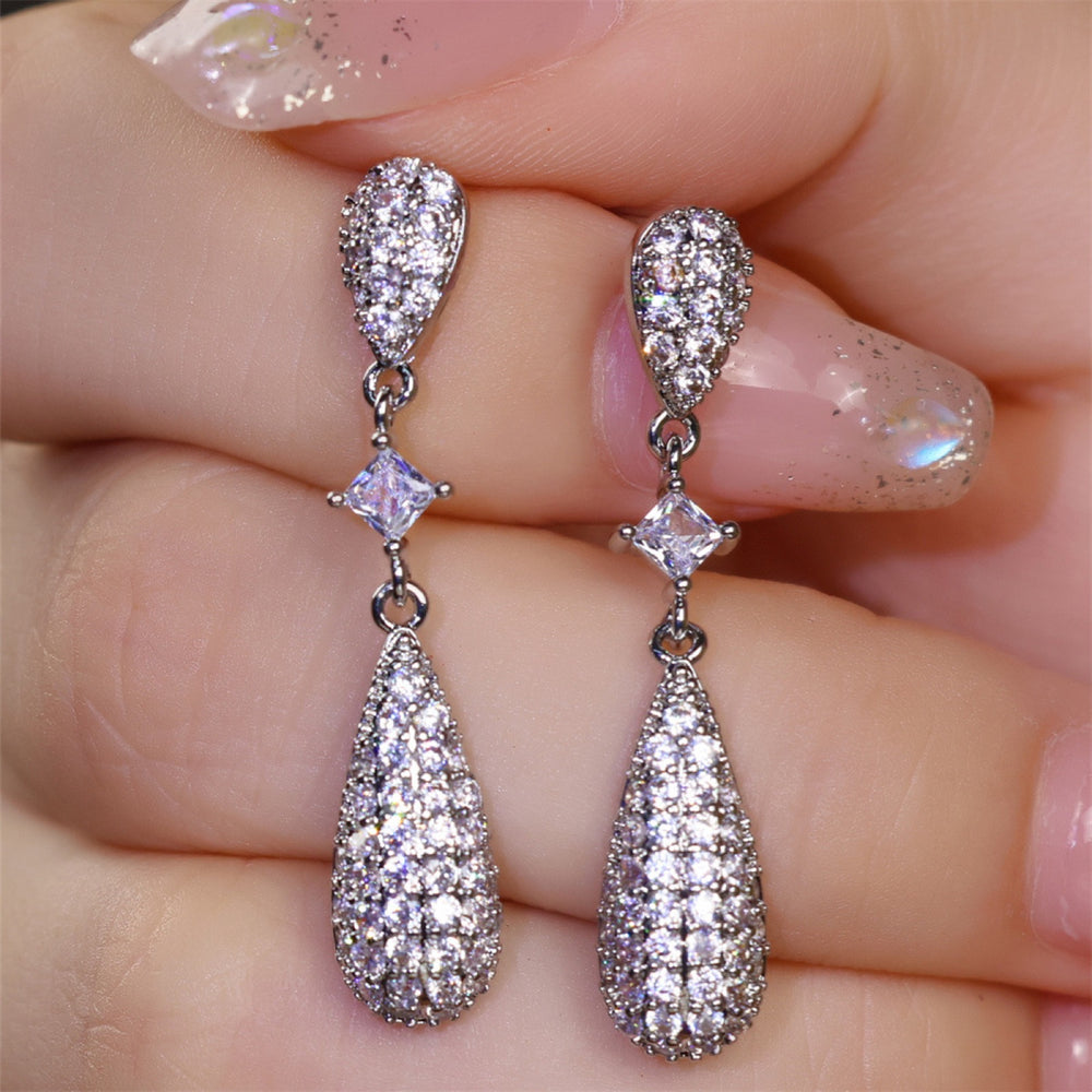 Silver-Tone White Crystal Pave Double Teardrop Drop Earrings