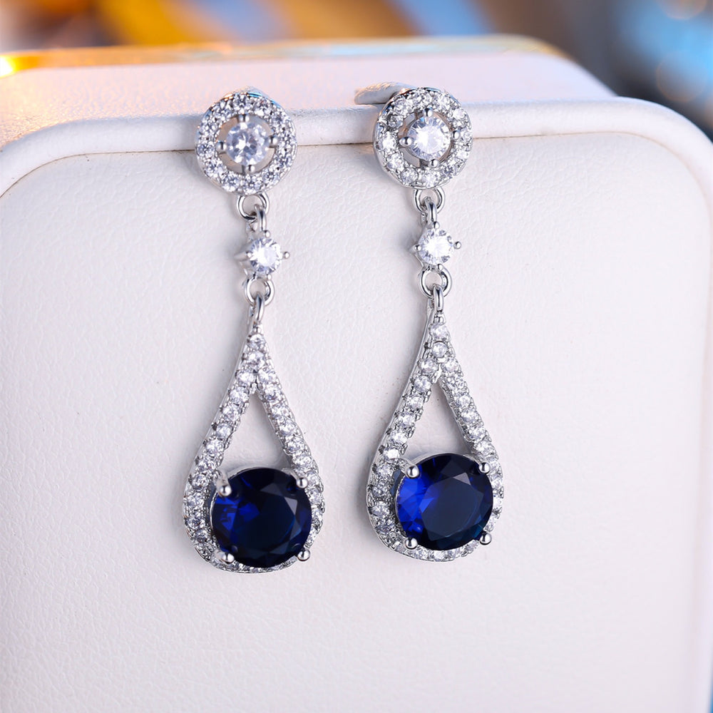 Silver-Tone Sapphire-Blue Round Crystal Pave Teardrop Drop Earrings