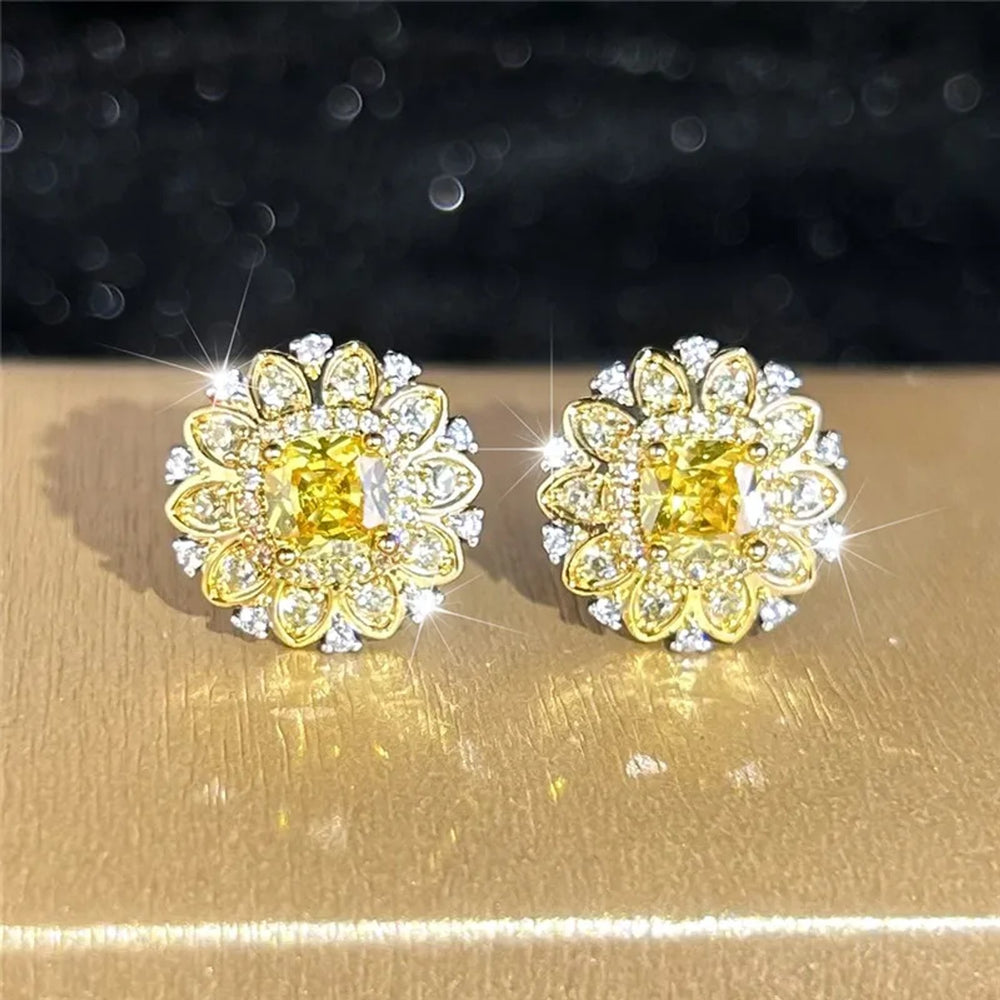 Gold-Tone Two-Tone White Round Crystal Flower Drop Earrings