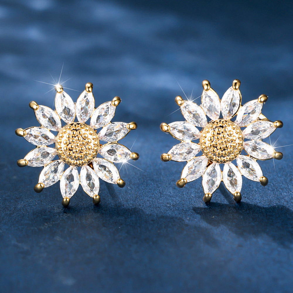 Gold-Tone Marquise White Crystal Sunflower Stud Earrings