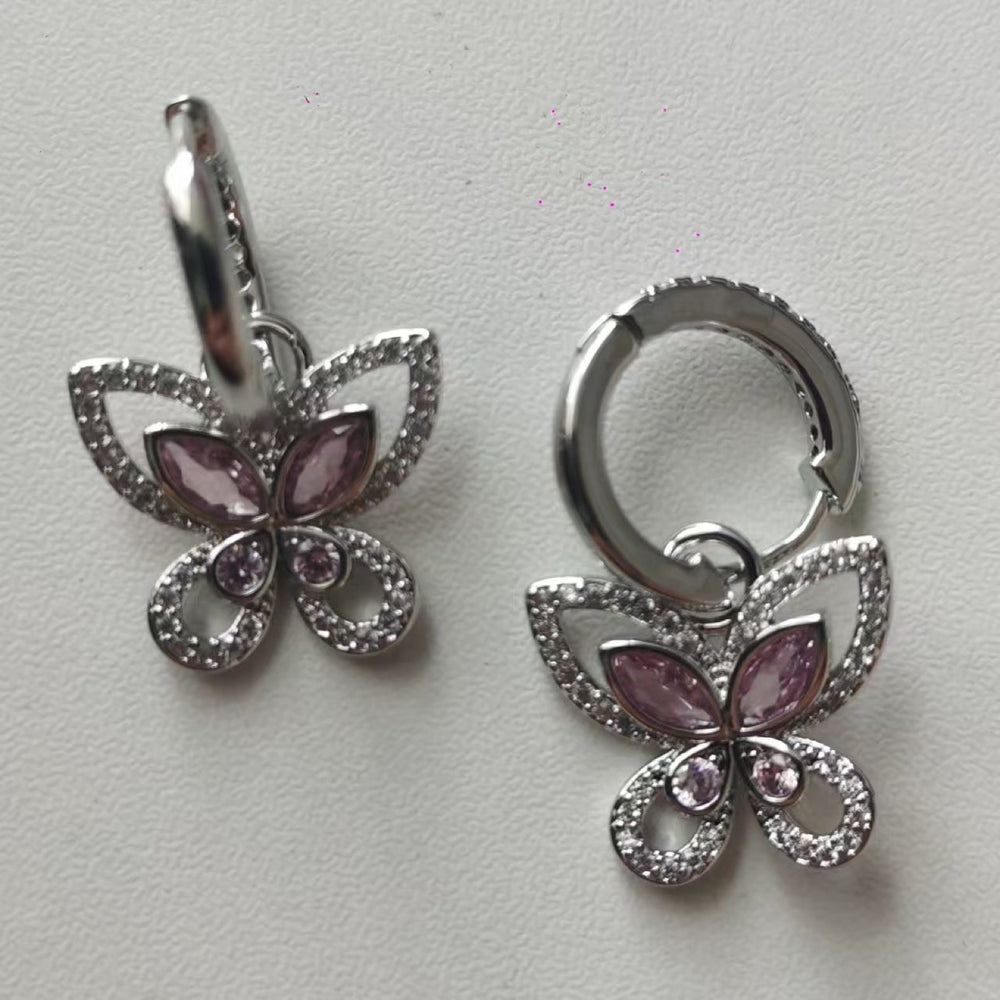Silver-Tone Pink Marquise Crystal Butterfly Huggie Earrings