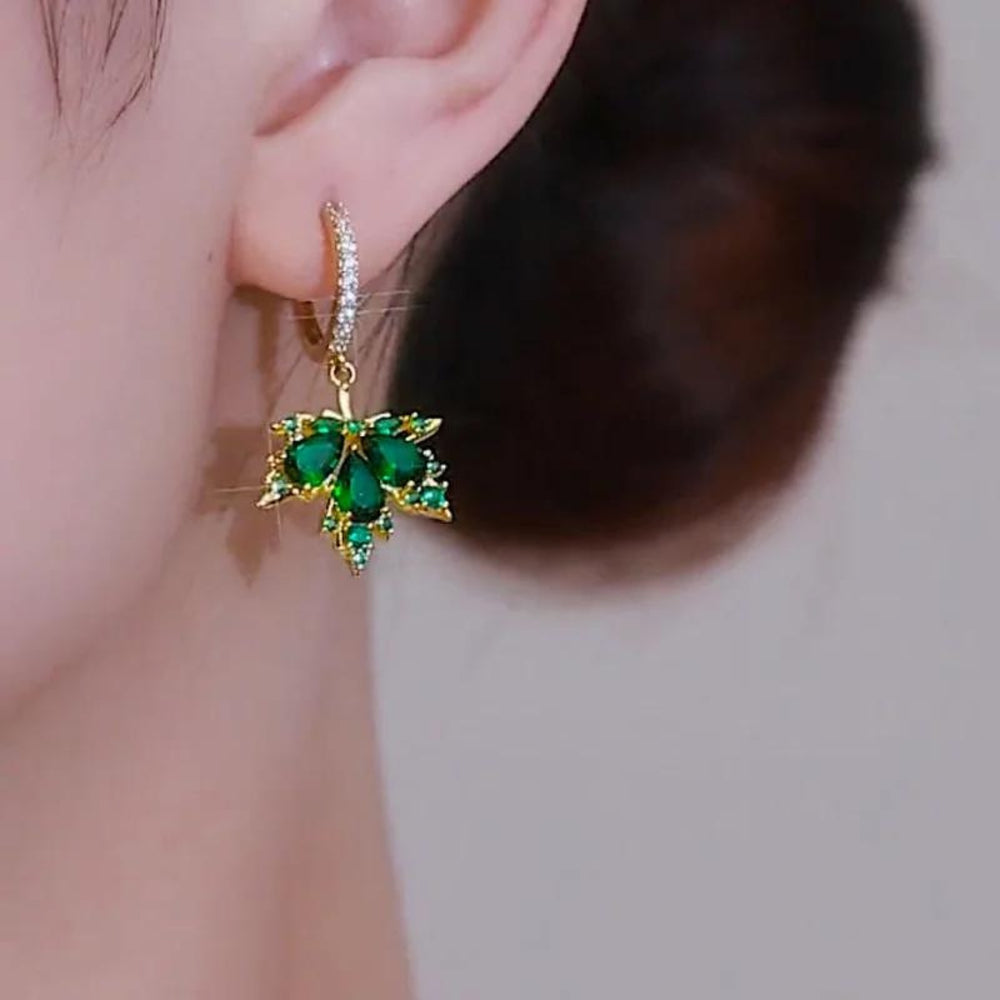 Gold-Tone Emerald-Green Crystal Maple Leaf Huggie Drop Earrings