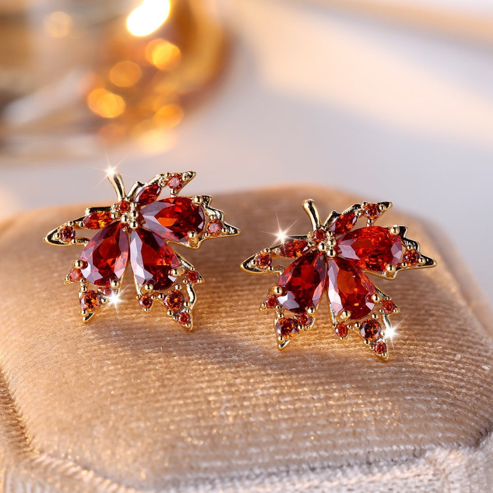 Gold-Tone Garnet Red Crystal Maple Leaf Stud Earrings