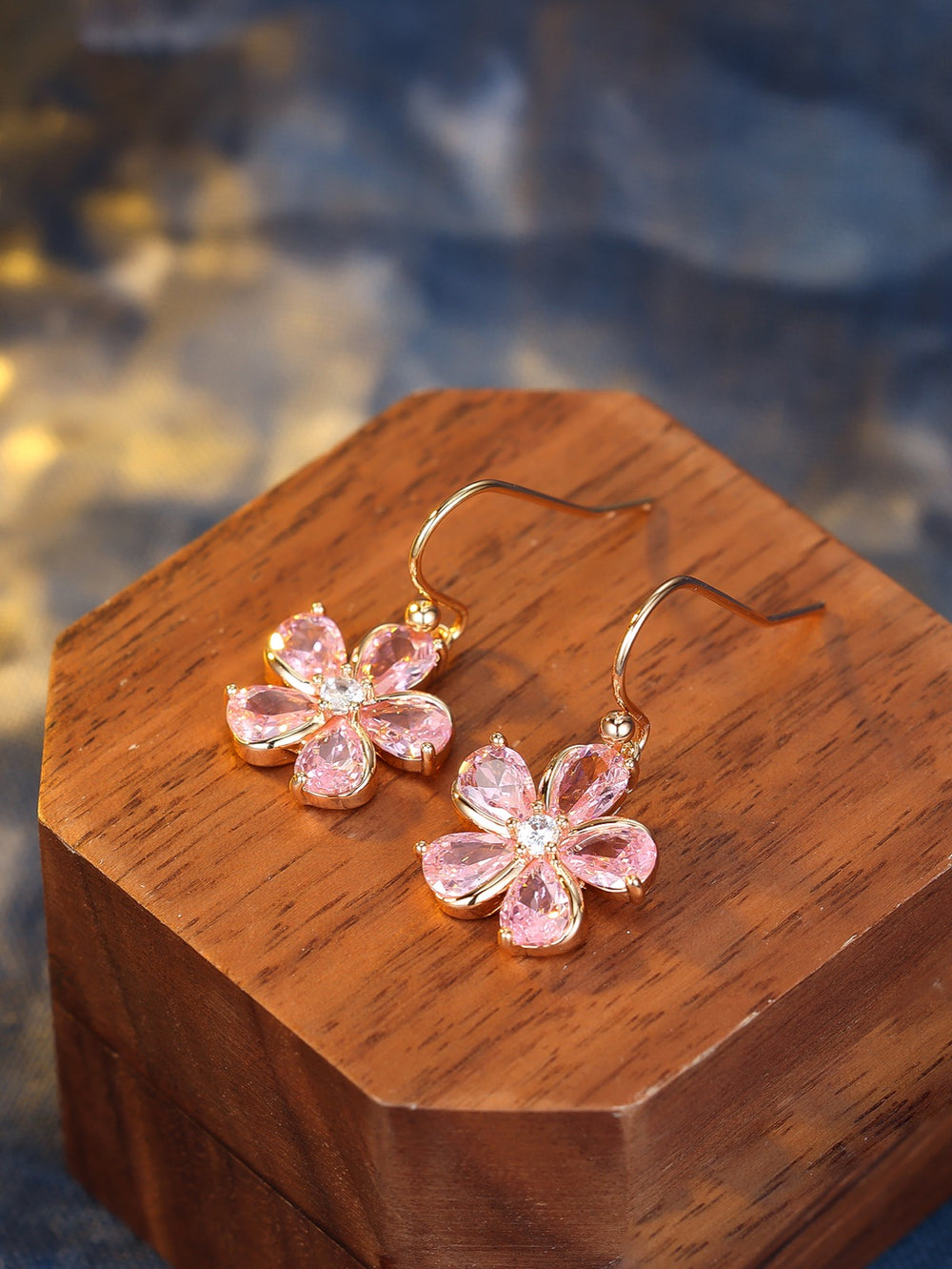 Champagne Gold-Tone Pink Crystal Five-Petal Flower Drop Earrings