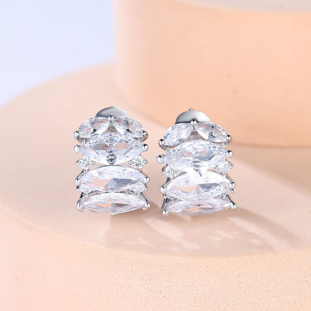Silver-Tone Marquise White Crystal Full Pave Huggie Earrings