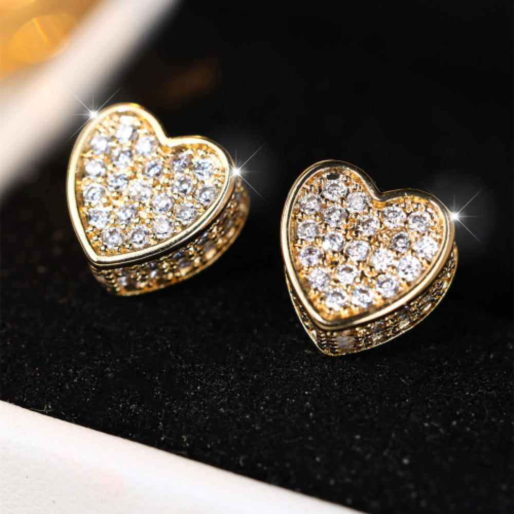 Gold-Tone White Crystal Full Pave Heart Stud Earrings