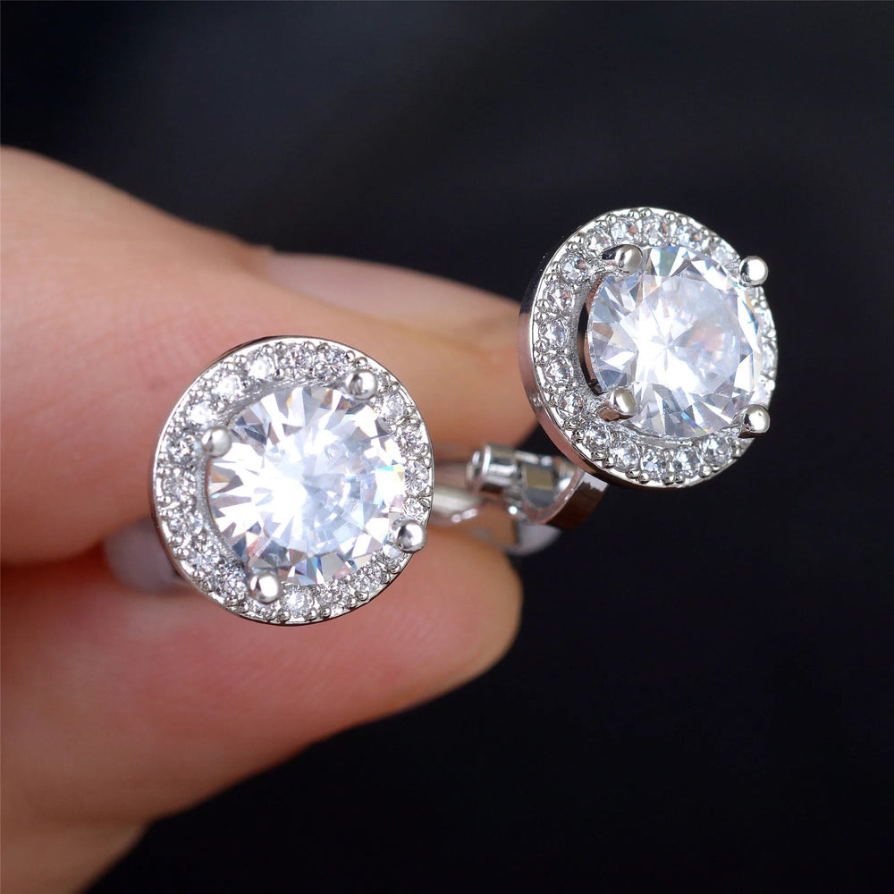 Silver-Tone White Crystal Pave-Edge Round Clip-On Earrings