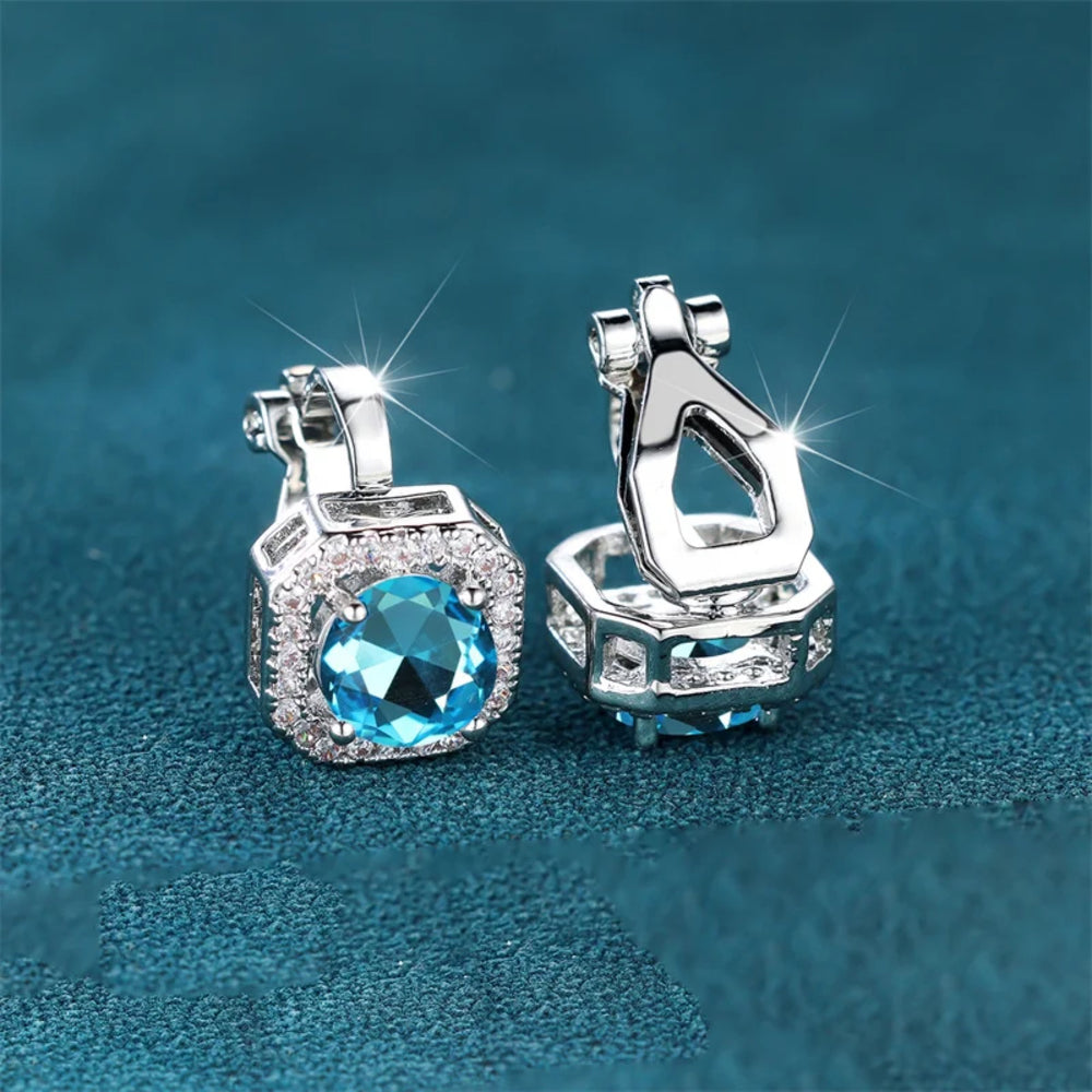 Silver-Tone Aqua Blue Crystal Square Halo Clip-On Stud Earrings