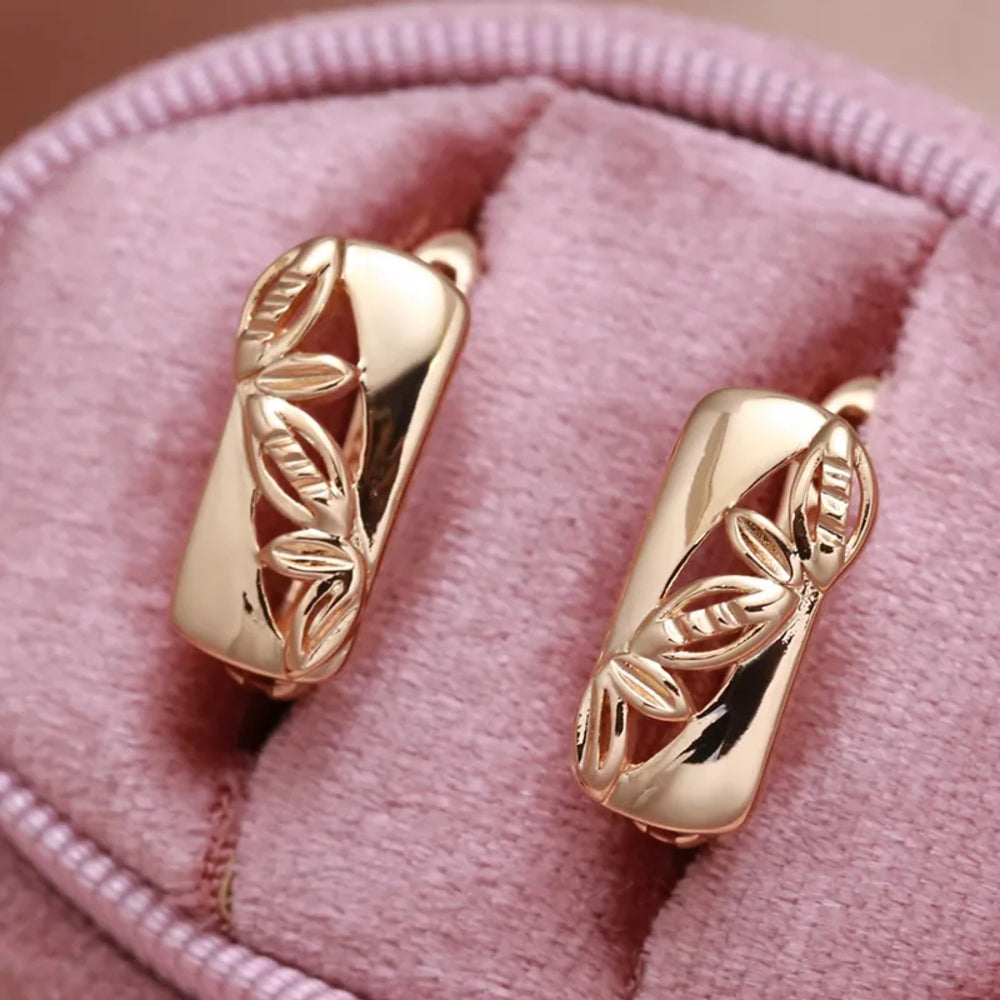 Champagne Gold-Tone Polished Openwork Leaf Huggie Earrings