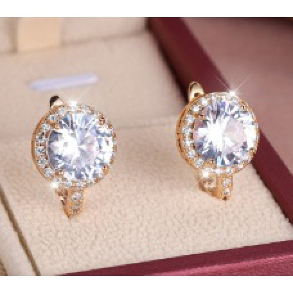 Champagne Gold-Tone Round White Crystal Halo Huggie Earrings