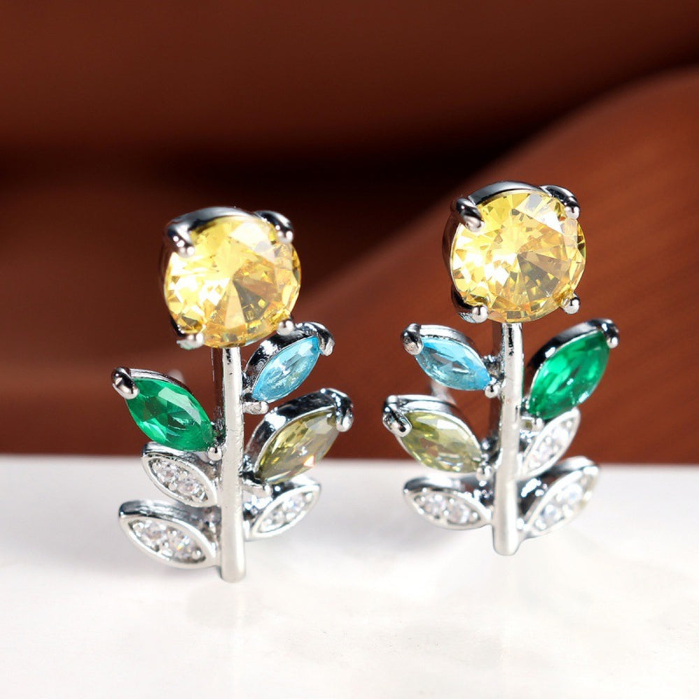 Silver-Tone Yellow Crystal Flower Stem Stud Earrings