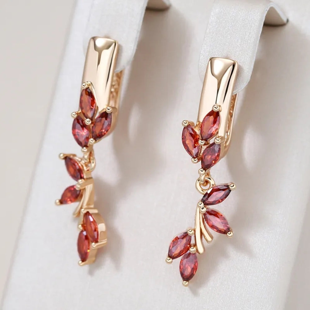 Champagne Gold-Tone Garnet-Red Marquise Leaf Drop Earrings