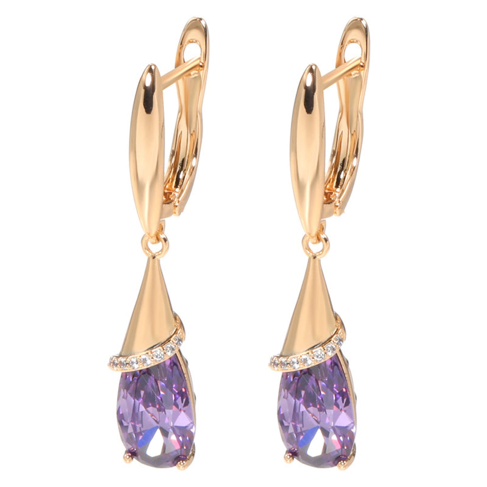 Champagne Gold-Tone Purple Teardrop Crystal Drop Earrings