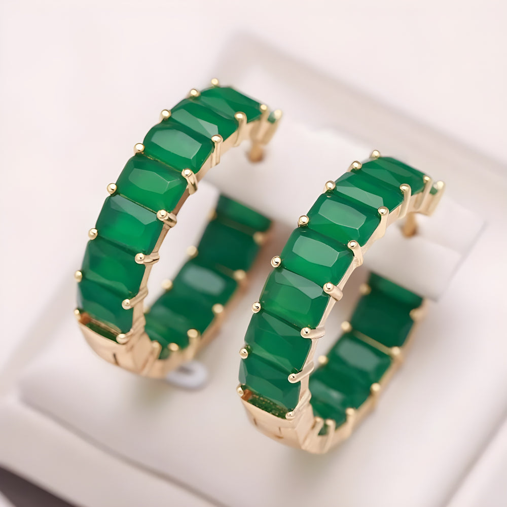 Champagne Gold-Tone Jade-Green Emerald-Cut Crystal Hoop Earrings
