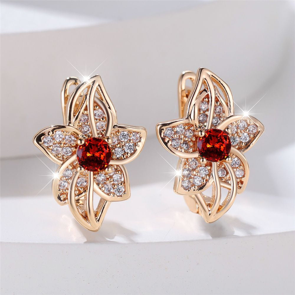 Champagne Gold-Tone Garnet-Red Crystal Flower Huggie Earrings