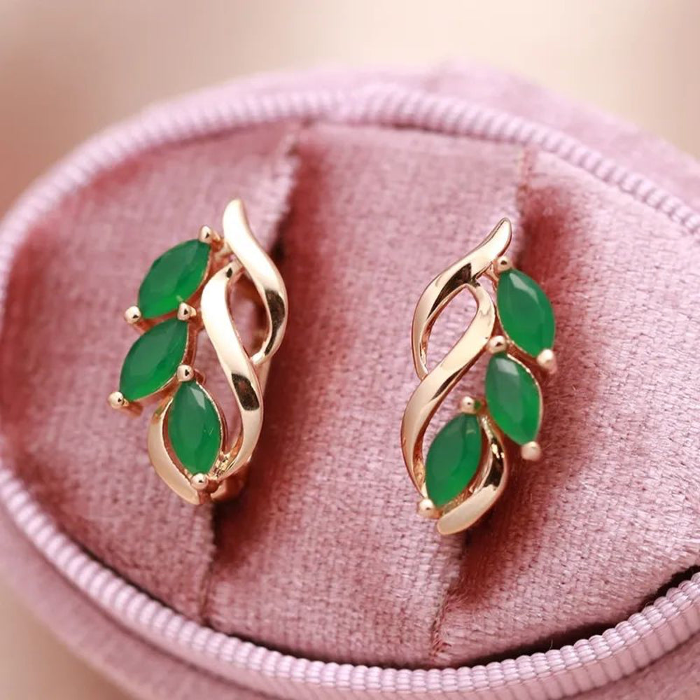 Champagne Gold-Tone Marquise Emerald-Green Glass Leaf Earrings