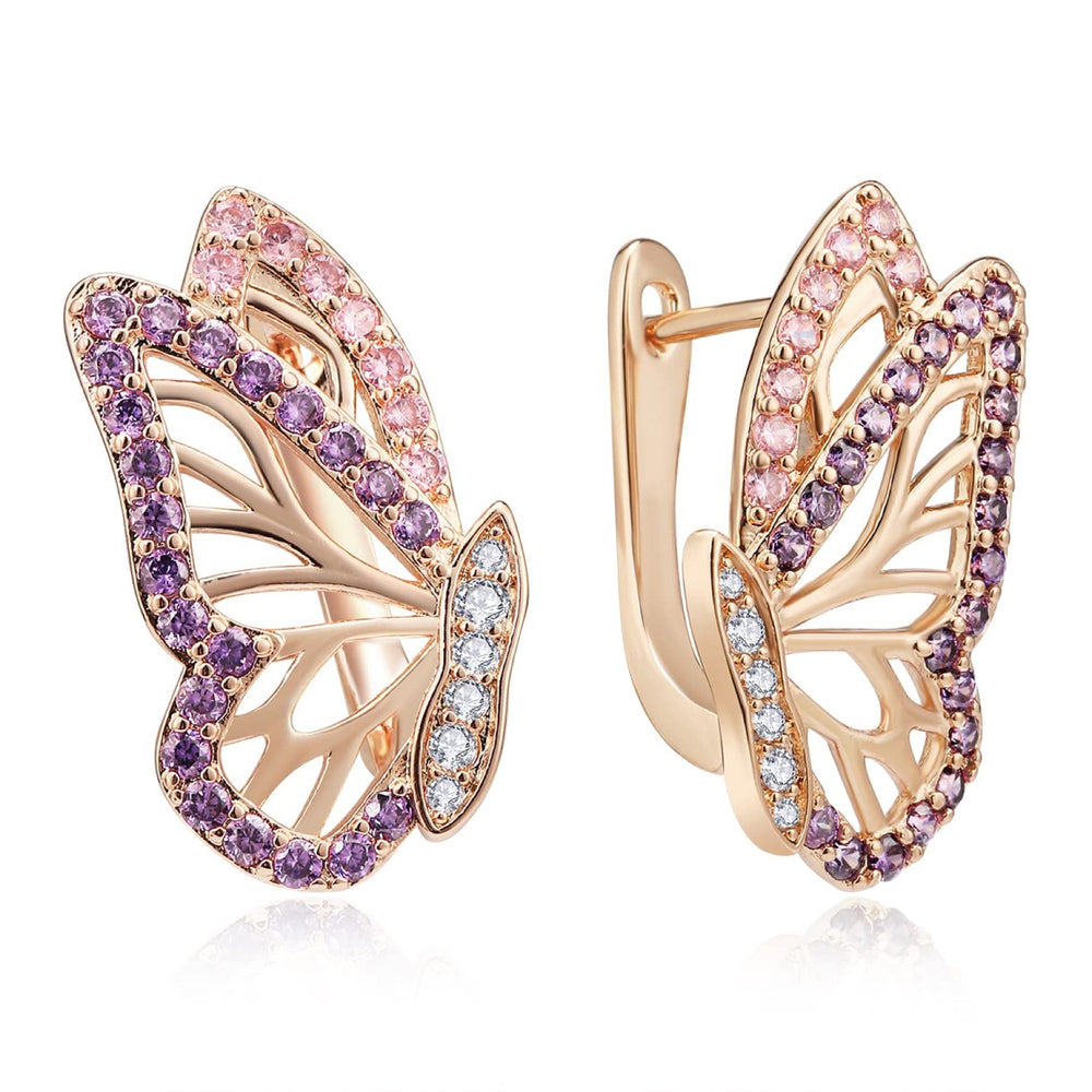 Rose Gold-Tone Purple Pink Crystal Butterfly Wing Huggie Earrings