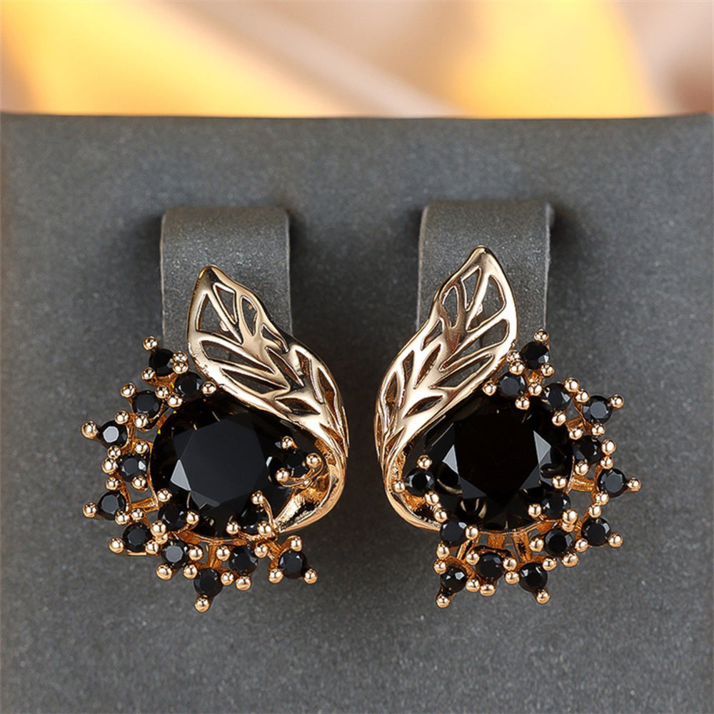 Champagne Gold-Tone Black Crystal Cluster Leaf Stud Earrings