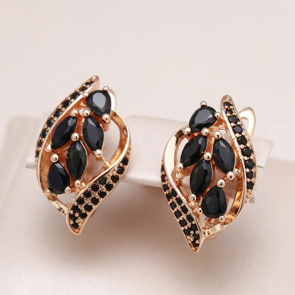 Champagne Gold-Tone Black Marquise Crystal Leaf Huggie Earrings