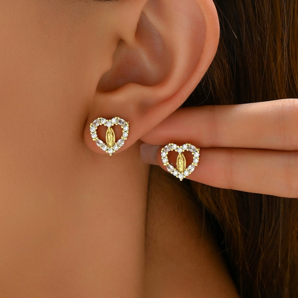 Gold-Tone Crystal Open Heart Virgin Mary Medallion Stud Earrings