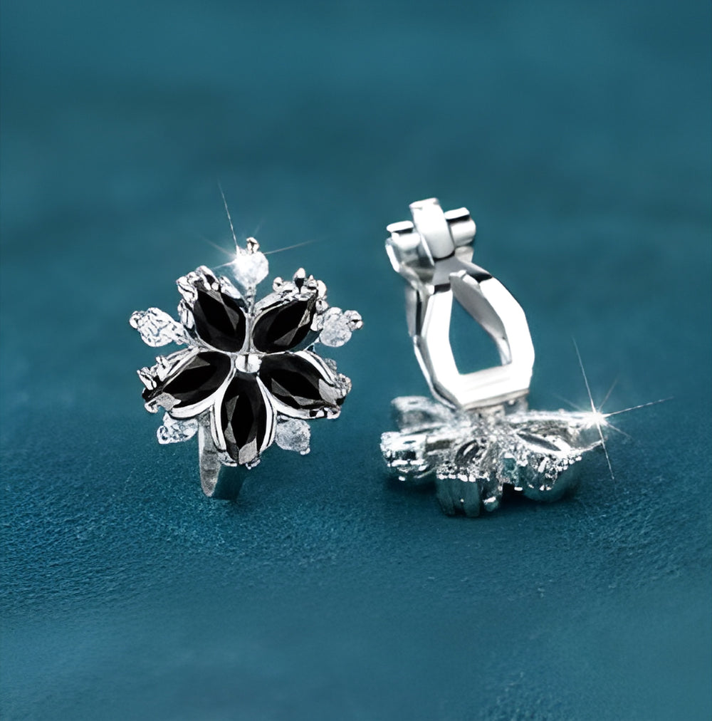 Silver-Tone Black Crystal Cherry Blossom Clip-On Earrings