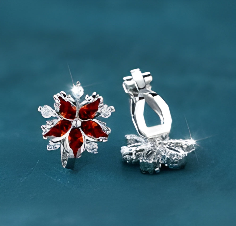 Silver-Tone Garnet-Red Crystal Cherry Blossom Clip-On Earrings