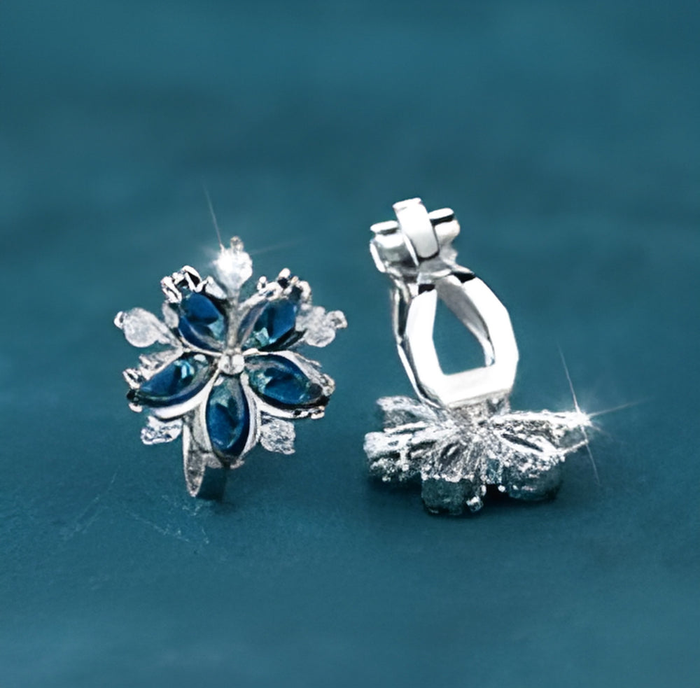 Silver-Tone Royal Blue Crystal Cherry Blossom Clip-On Earrings