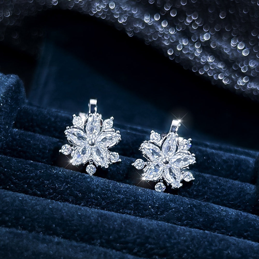 Silver-Tone White Crystal Cherry Blossom Clip-On Earrings