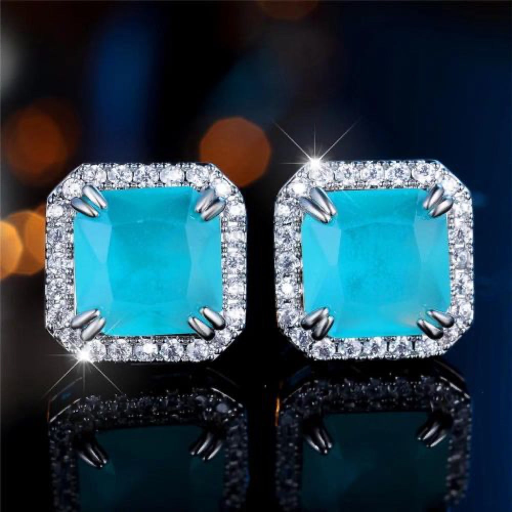 Silver-Tone Turquoise-Blue Square Crystal Halo Stud Earrings