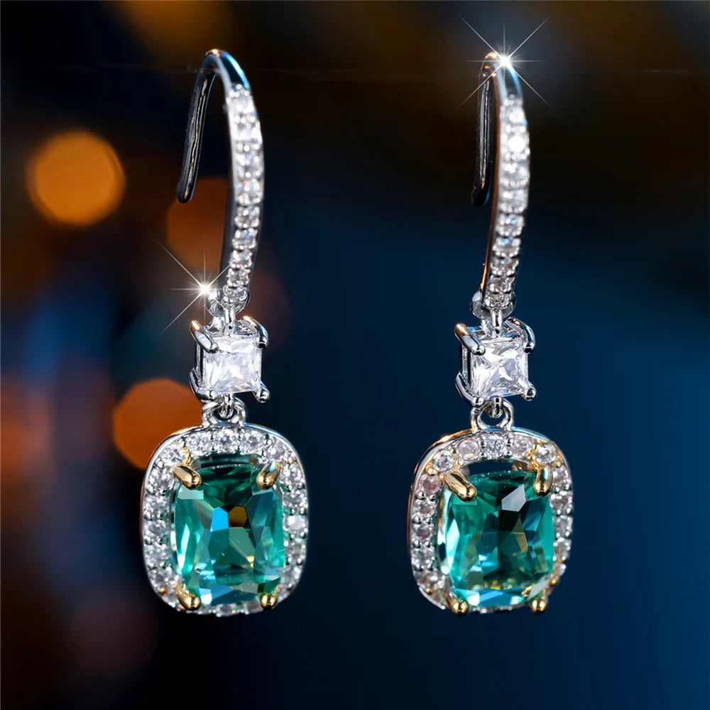 Silver-Tone Green Cushion Crystal Halo Hook Drop Earrings