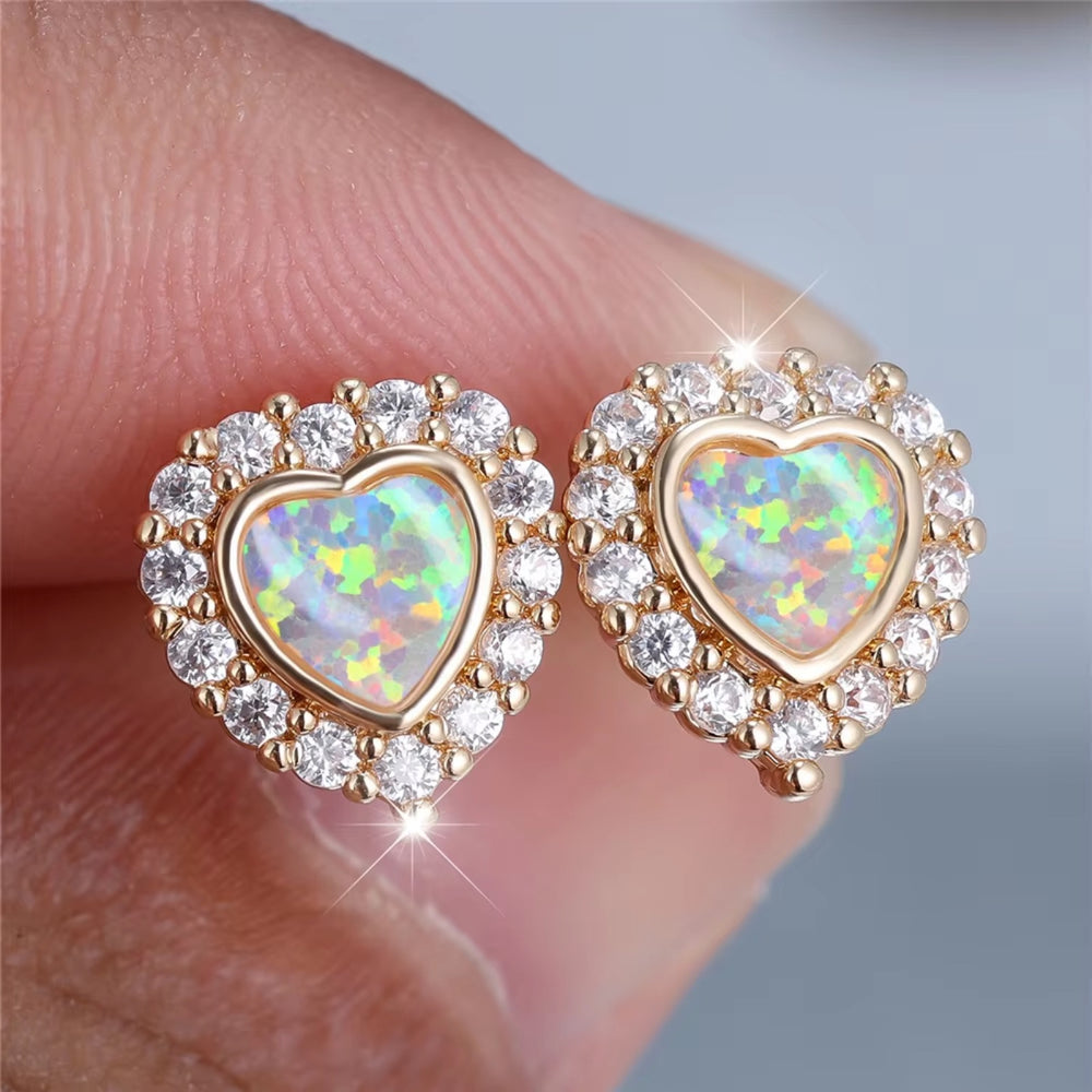 Gold-Tone White Simulated Opal Heart Crystal Halo Stud Earrings