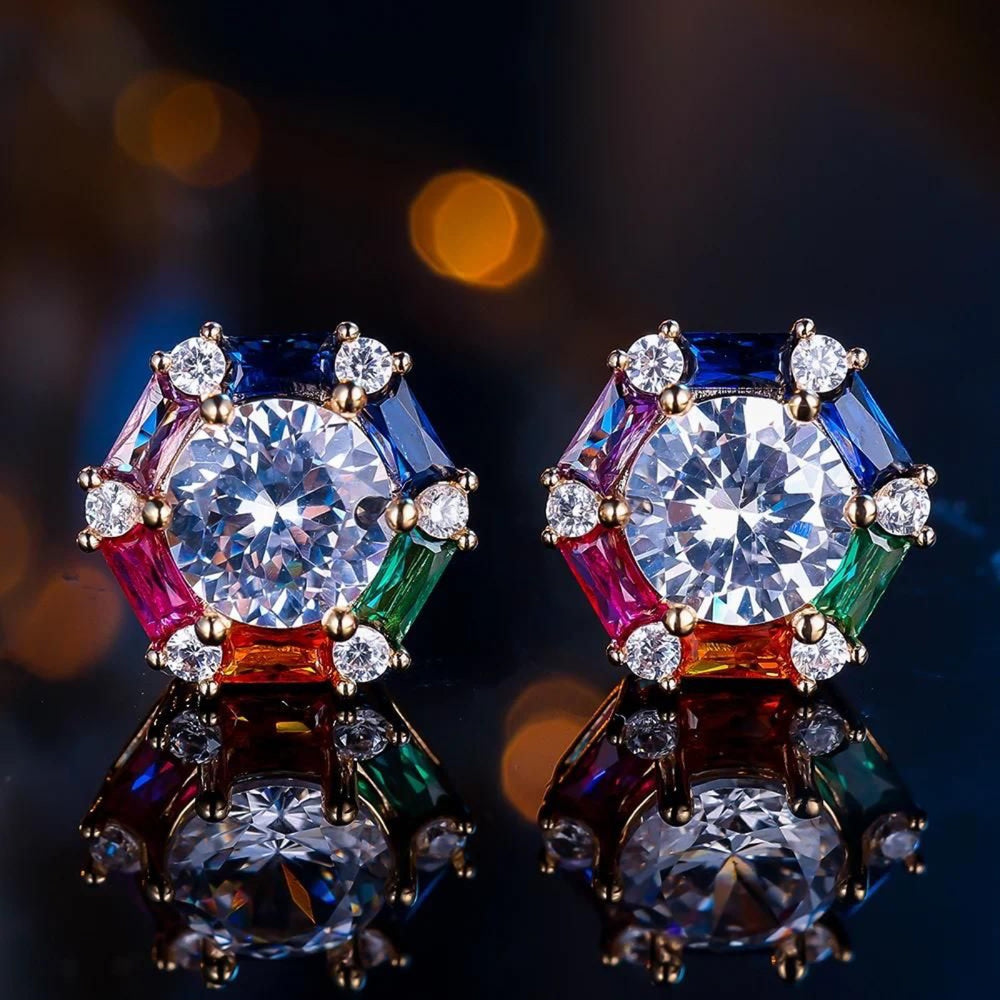 Gold-Tone Rainbow Baguette Crystal Round Halo Stud Earrings