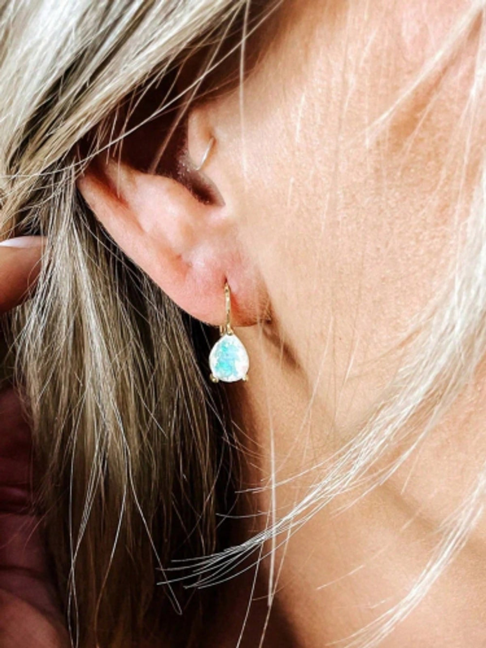 Silver-Tone White Teardrop Simulated Opal Huggie Earrings