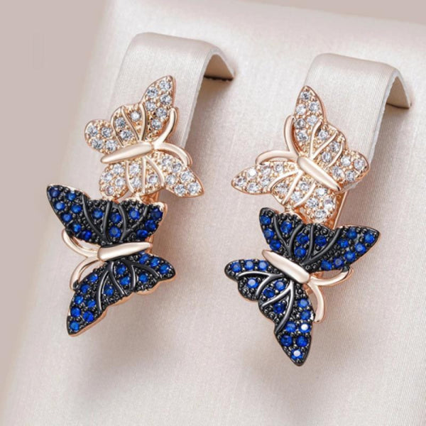 Champagne Gold & Black-Tone Sapphire-Blue Crystal Butterfly Earrings
