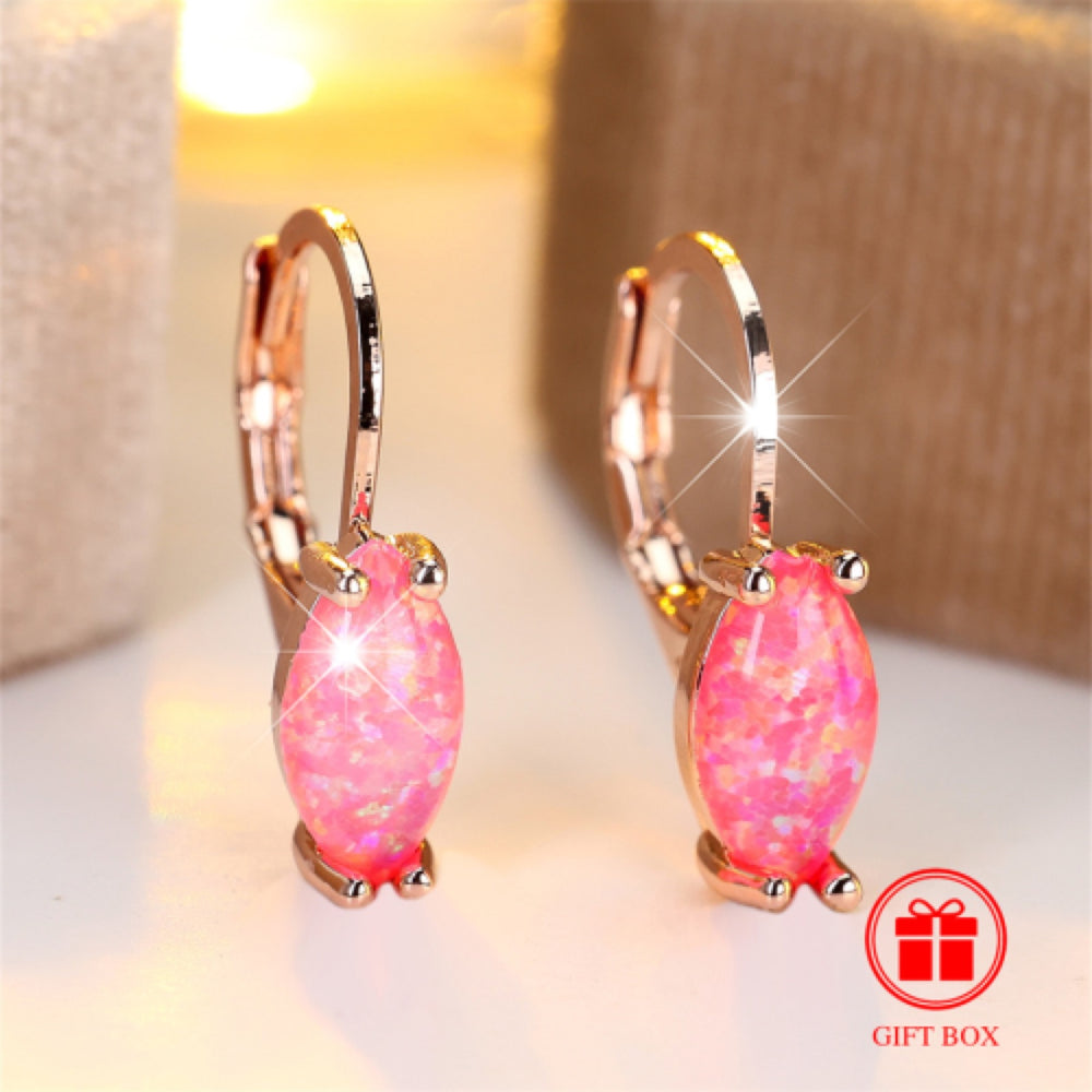 Rose Gold-Tone Pink Marquise Simulated Opal Huggie Hoop Earrings