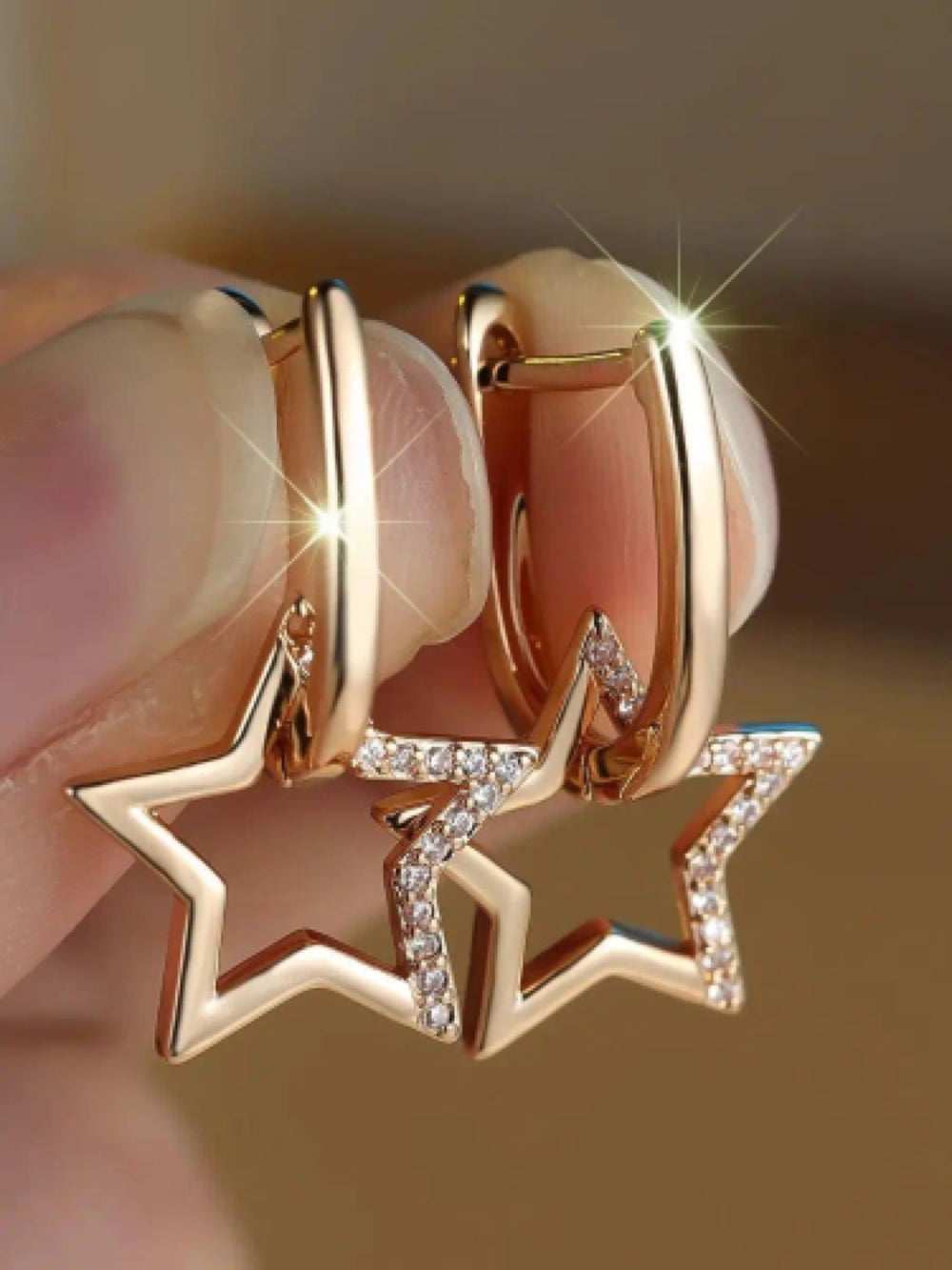Champagne Gold-Tone White Crystal Open Star Huggie Earrings