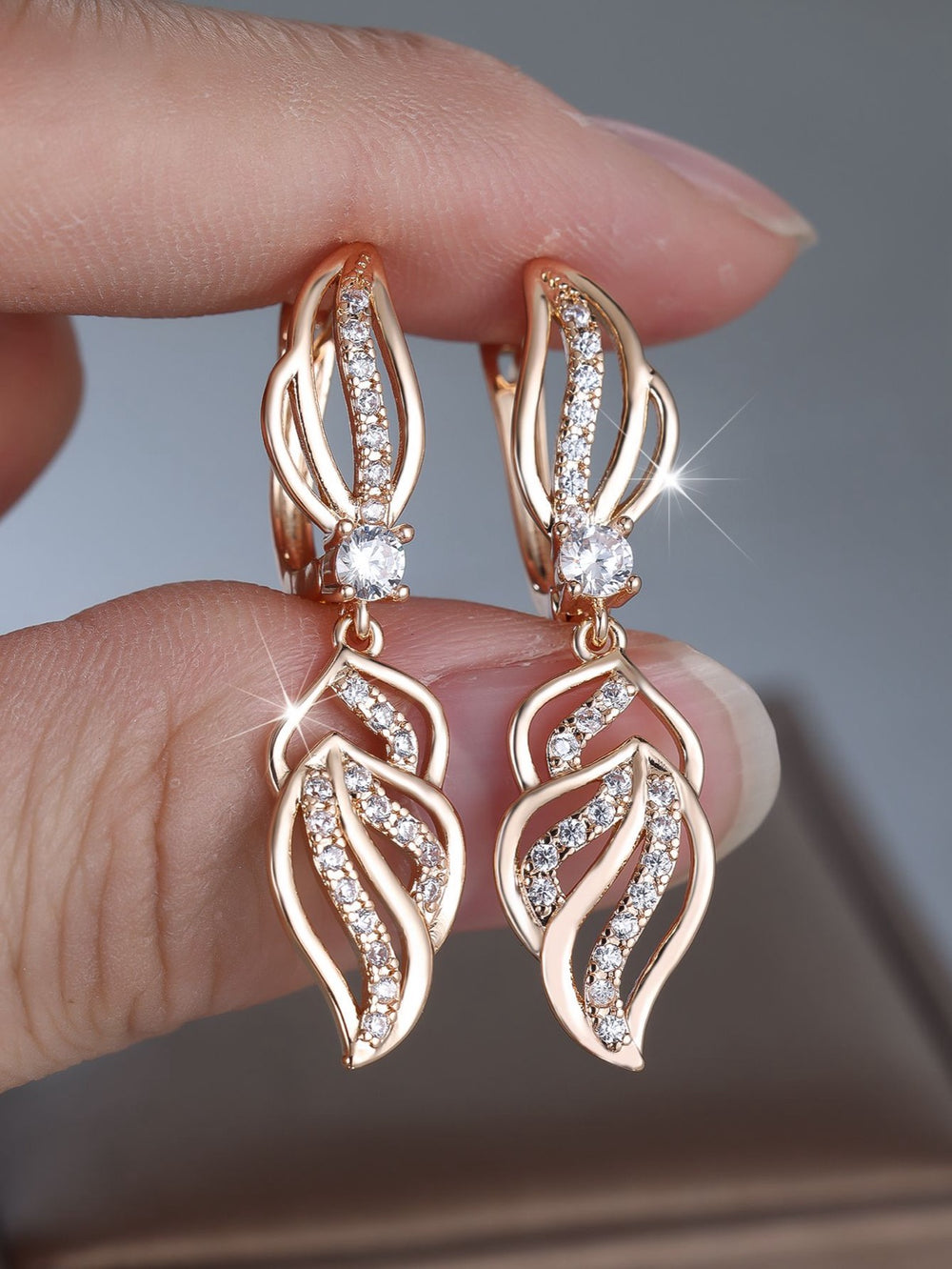 Champagne Gold-Tone Openwork Leaf Drop Earrings with White Crystals