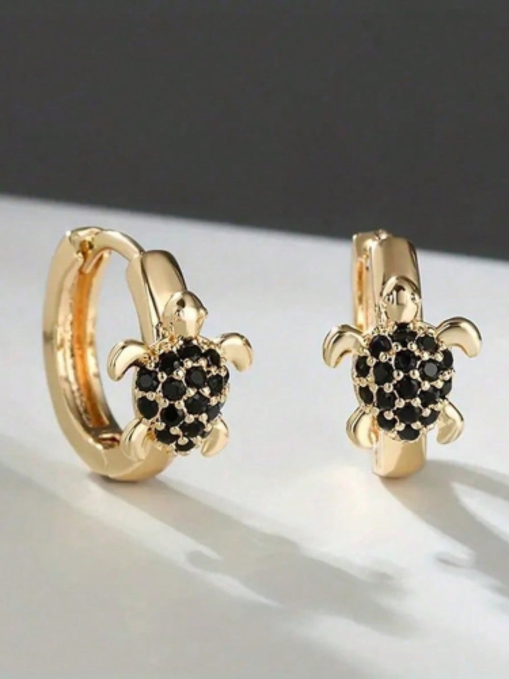 Gold-Tone Black Crystal Pave Turtle Huggie Hoop Earrings