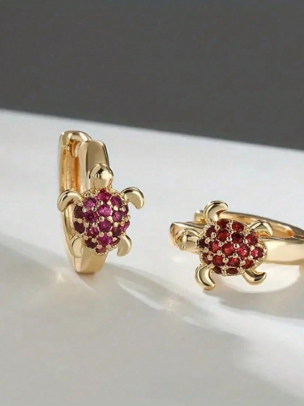 Gold-Tone Ruby-Red Crystal Pave Turtle Huggie Earrings