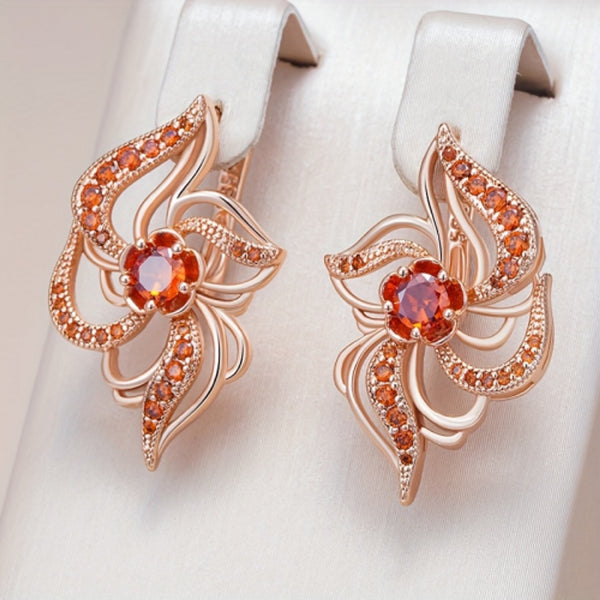 Champagne Gold-Tone All-Over Garnet Red Crystal Plum Blossom Drop Earrings