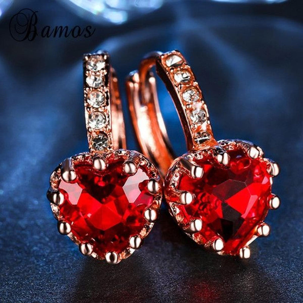 Rose Gold-Tone Red Crystal Heart Huggie Earrings
