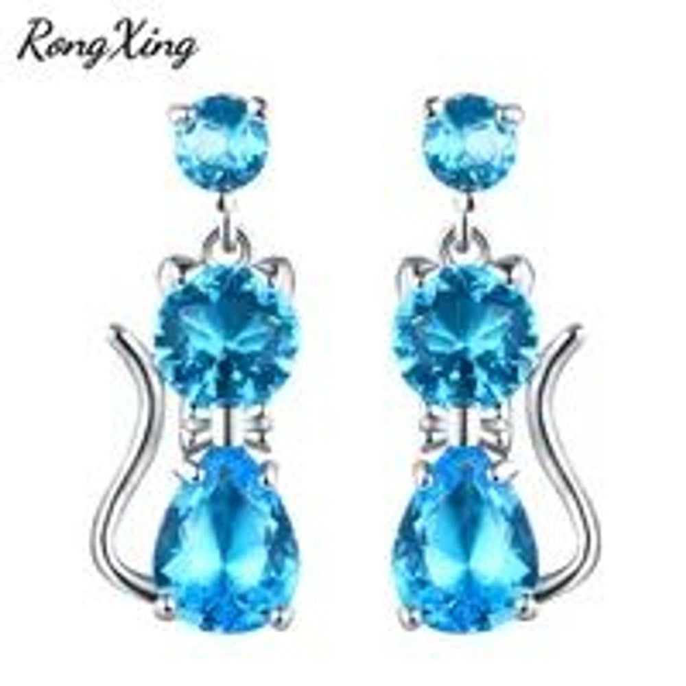 Silver-Tone Aqua Crystal Cat Drop Earrings