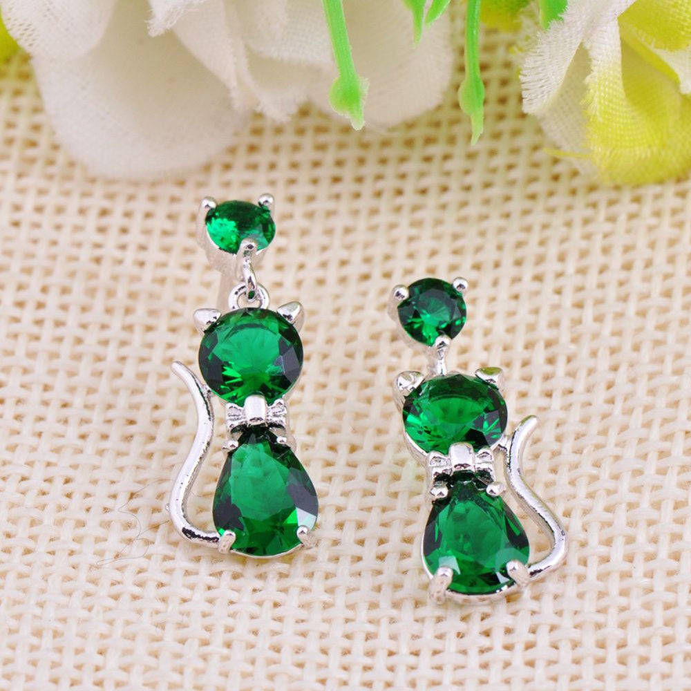 Silver-Tone Emerald-Green Crystal Cat-Shaped Drop Earrings