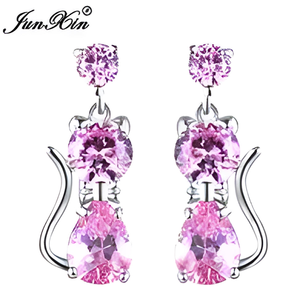 Silver-Tone Pink Crystal Cat-Shaped Teardrop Drop Earrings