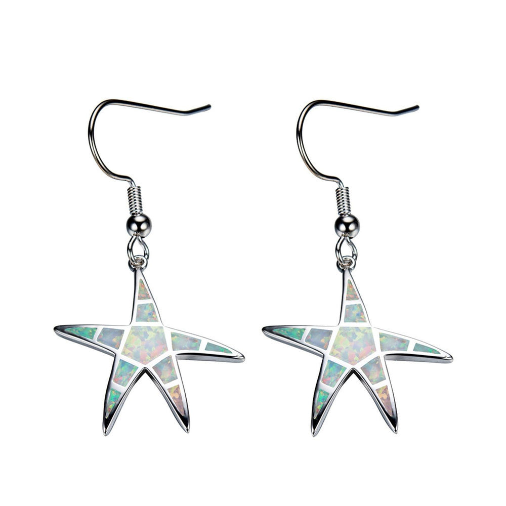 Sterling Silver White Simulated Opal Starfish Drop Earrings