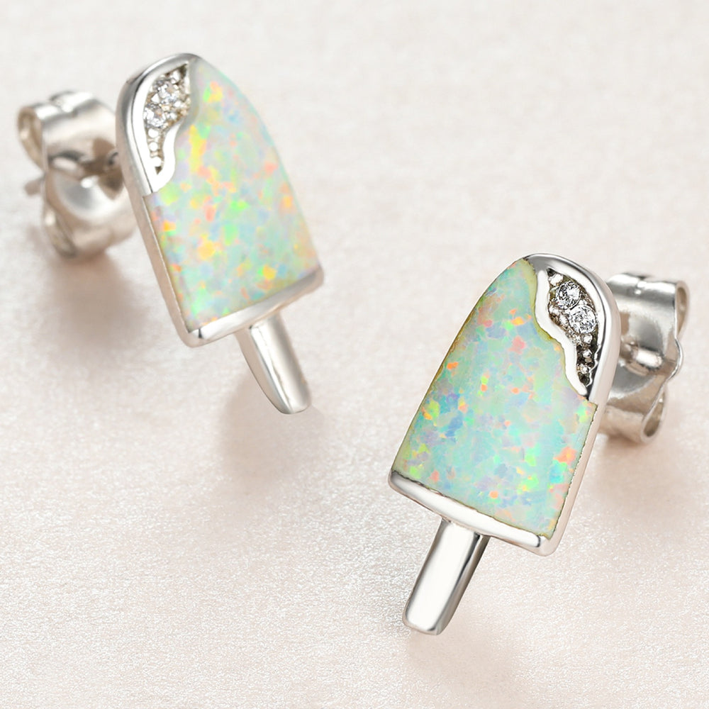 Silver-Tone White Simulated Opal Popsicle Stud Earrings